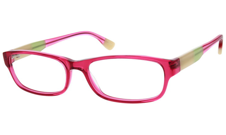 Pink rectangular eyeglasses with translucent green and beige accents on the temple arms.