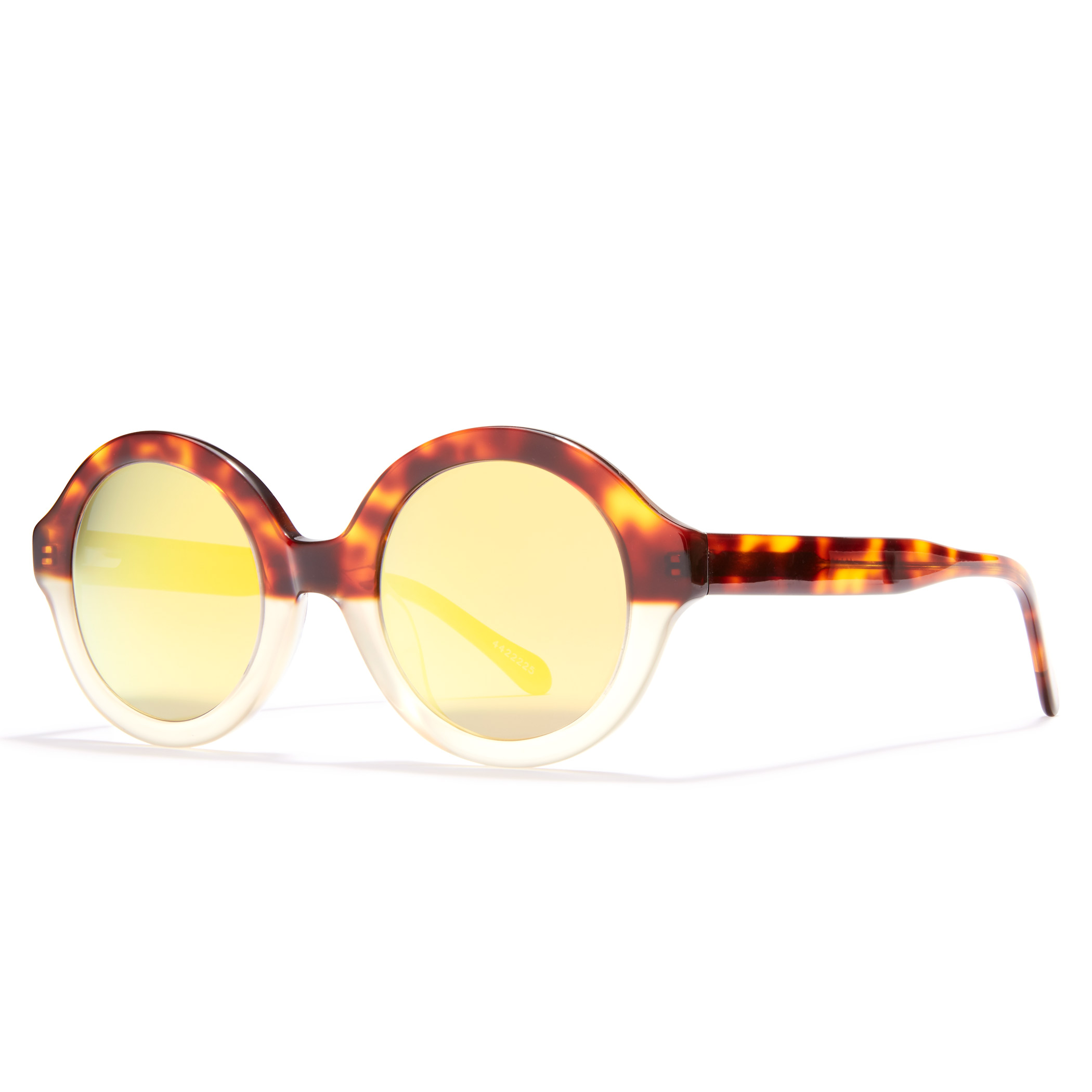 Round sunglasses with yellow lenses and a tortoiseshell frame.