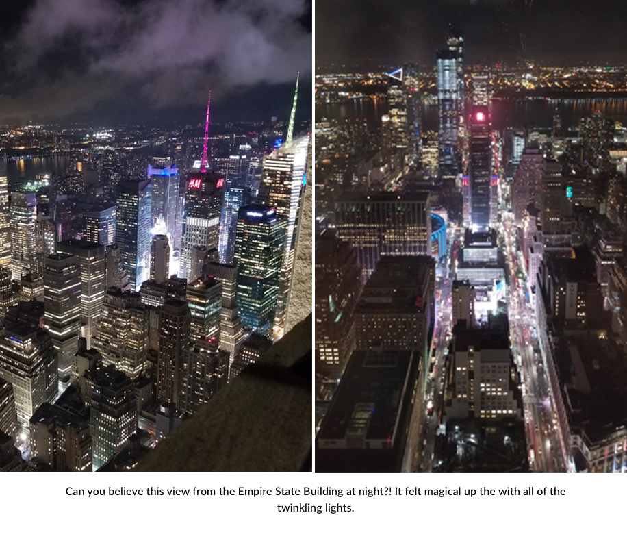 Views of New York City's skyline at night with brightly lit skyscrapers. Text in the image: "Can you believe this view from the Empire State Building at night?! It felt magical up the with all of the twinkling lights."