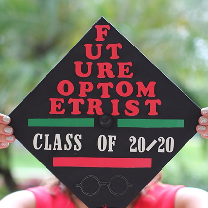 Future Optometrist Class of 20/20 on a graduation cap with eyeglasses illustration at the bottom.