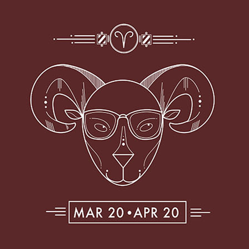 Aries symbol featuring a ram with glasses. Text: Mar 20 - Apr 20.