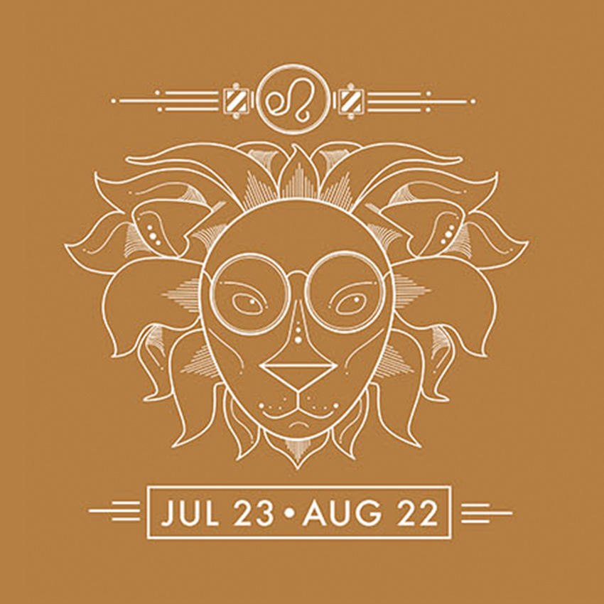 Leo zodiac symbol with floral mane and date range "JUL 23 - AUG 22" on a brown background.