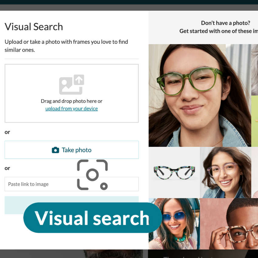 Visual Search tool: Upload or take a photo to find similar frames. Includes examples of frames and users.