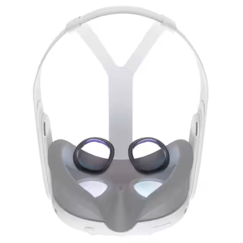 White virtual reality headset with adjustable head strap and lenses.