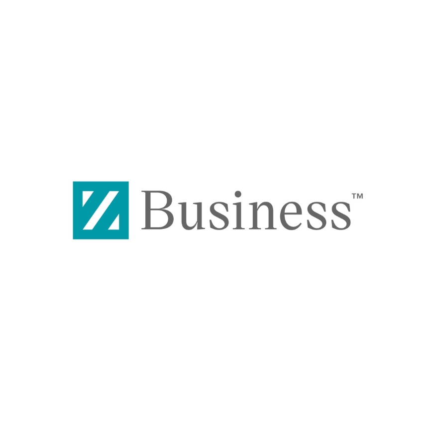 Business logo with teal square and white slashes, followed by the word Business in gray font.