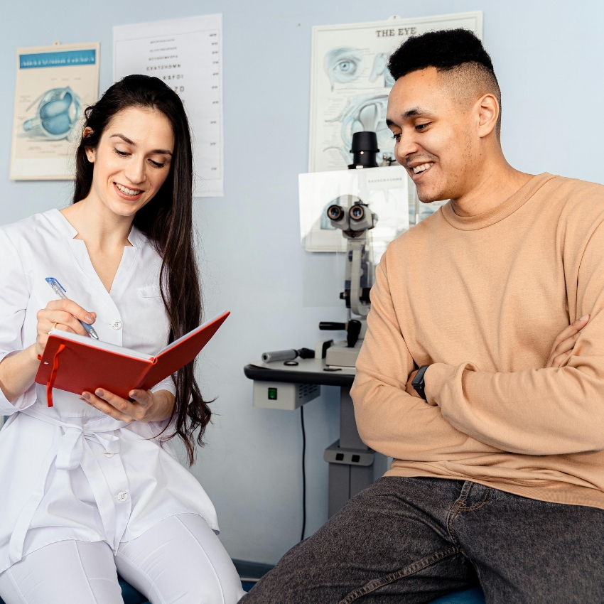Optometrist taking notes while a patient sits beside an eye examination machine, discussing vision care.