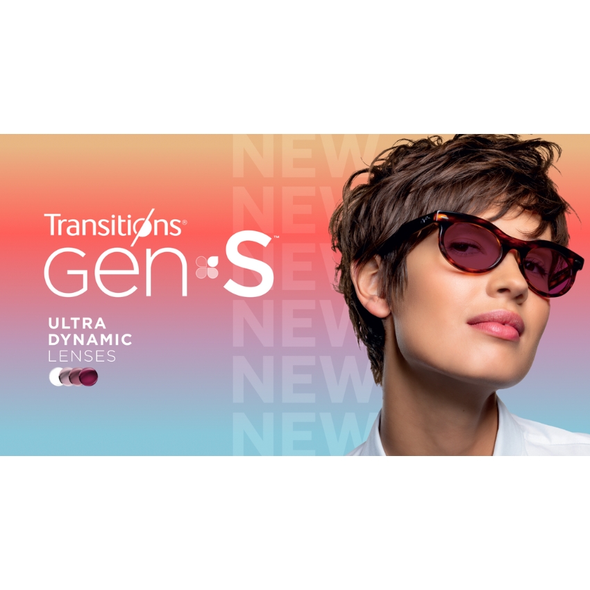 Transitions Gen 8 Ultra Dynamic Lenses. NEW. Image of person wearing glasses with Transitions lenses.
