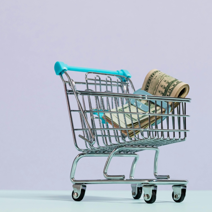 Miniature shopping cart filled with rolled and stacked US dollar bills.